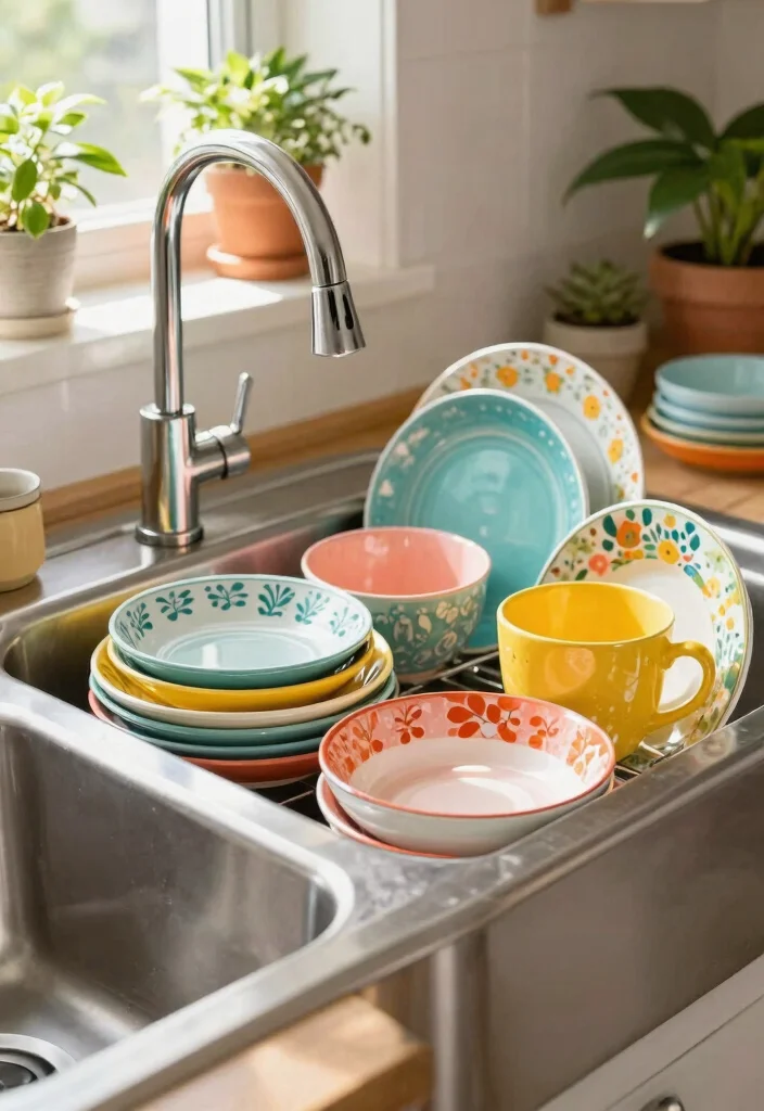 12 Stainless Steel Farmhouse Sink Ideas That Hide Water Spots - 11. Incorporate Colorful Dishware 1