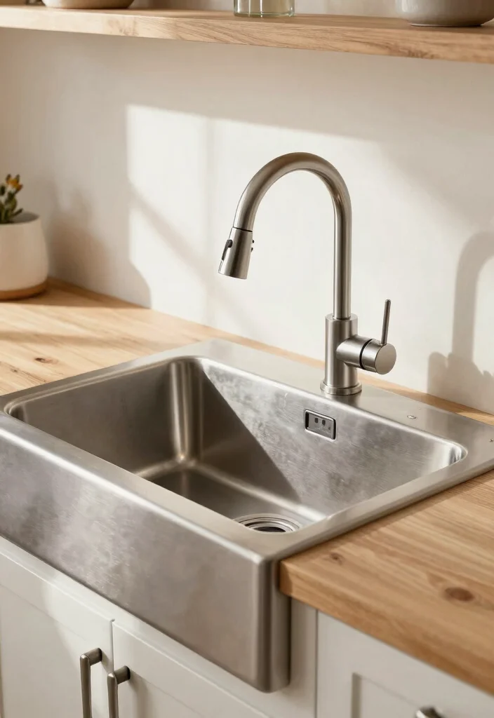 12 Stainless Steel Farmhouse Sink Ideas That Hide Water Spots - 4. Integrate a Pull-Down Faucet 1