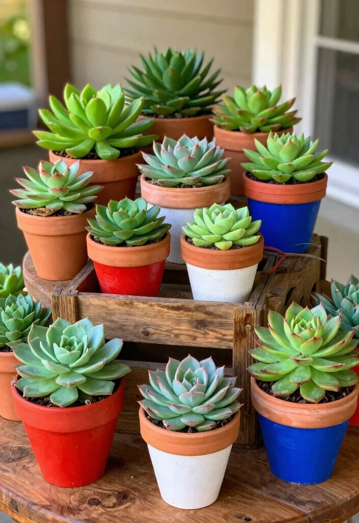 14 4th of July Porch Decor Ideas That Don't Look Tacky or Overdone - 3. Succulent Arrangements in Red, White, and Blue 1