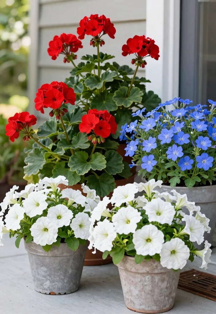 14 4th of July Porch Decor Ideas That Don't Look Tacky or Overdone - 9. Potted Red, White, and Blue Flowers 1