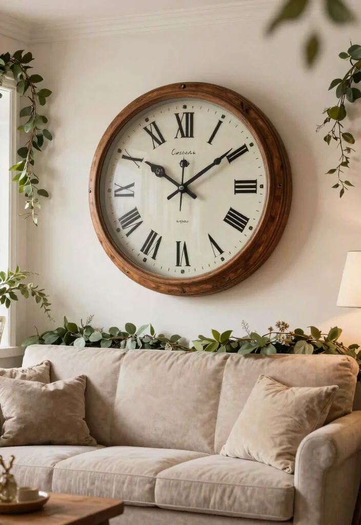 14 Farmhouse Above Couch Wall Decor Ideas That Fill Blank Space 10 14 Farmhouse Above Couch Wall Decor Ideas That Fill Blank Space - 10. Whimsical Wall Clock 1
