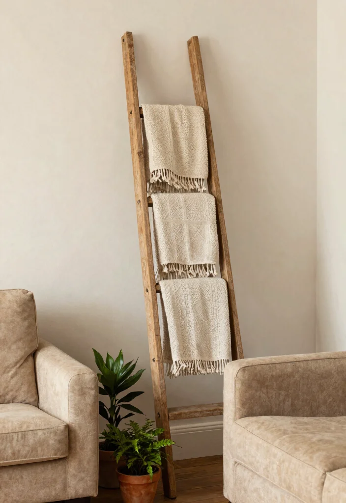14 Farmhouse Above Couch Wall Decor Ideas That Fill Blank Space 11 14 Farmhouse Above Couch Wall Decor Ideas That Fill Blank Space - 11. Decorative Ladder 1