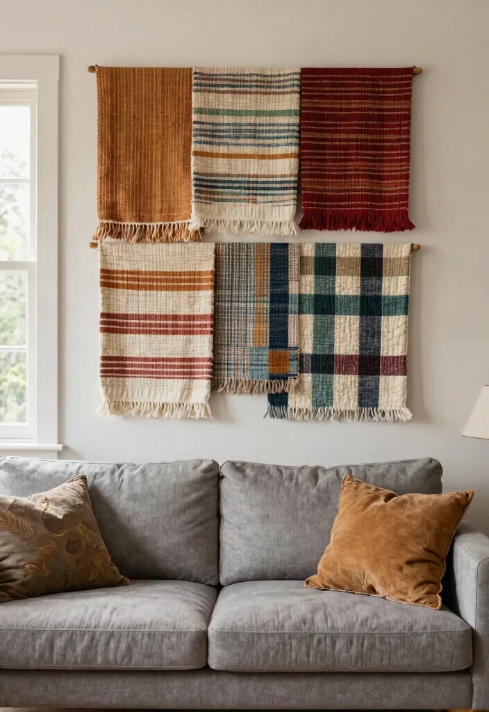 14 Farmhouse Above Couch Wall Decor Ideas That Fill Blank Space 13 14 Farmhouse Above Couch Wall Decor Ideas That Fill Blank Space - 13. Layered Textiles 1