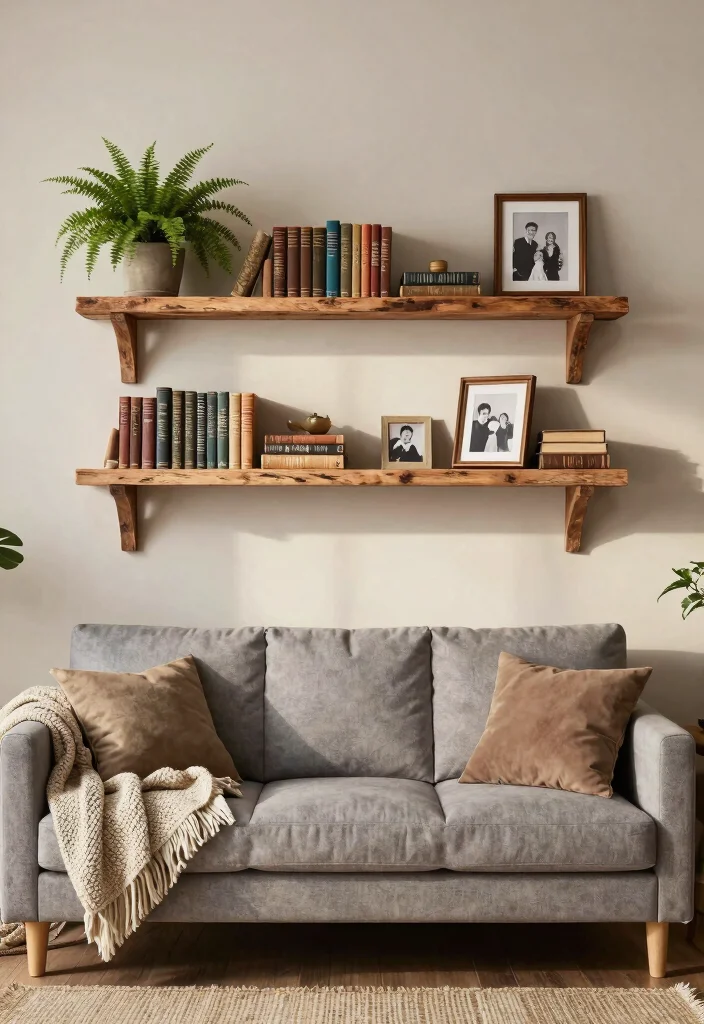 14 Farmhouse Above Couch Wall Decor Ideas That Fill Blank Space 2 14 Farmhouse Above Couch Wall Decor Ideas That Fill Blank Space - 2. Rustic Wooden Shelves 1
