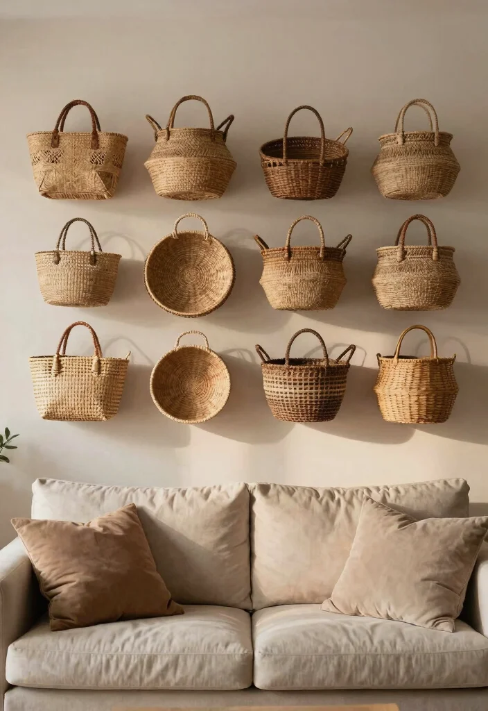 14 Farmhouse Above Couch Wall Decor Ideas That Fill Blank Space 4 14 Farmhouse Above Couch Wall Decor Ideas That Fill Blank Space - 4. Vintage Woven Baskets 1