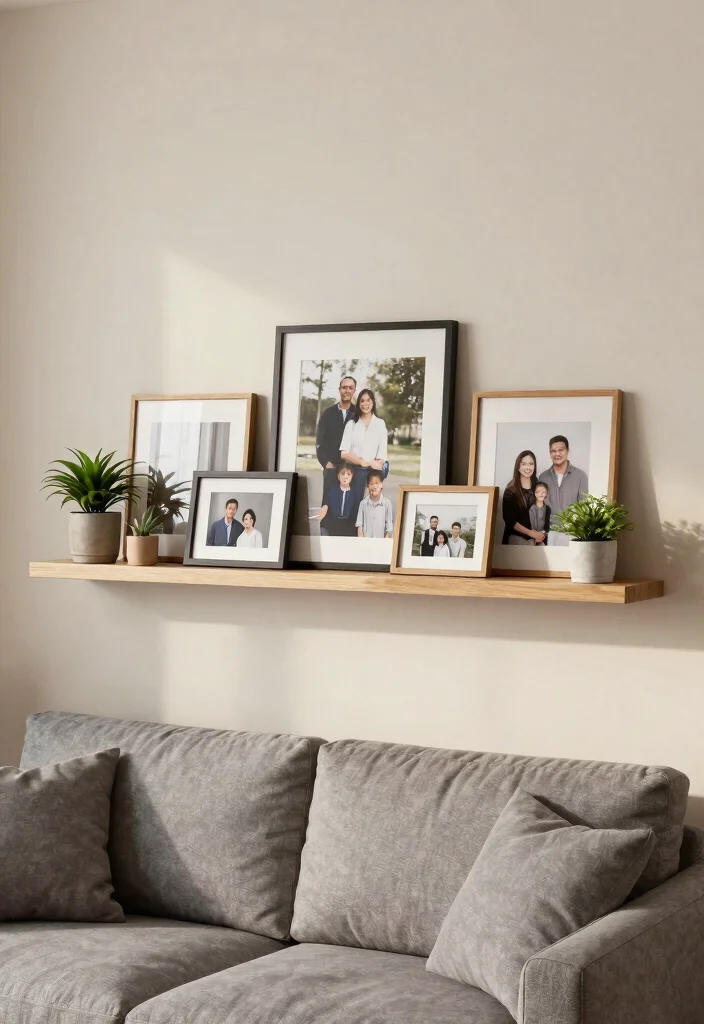 14 Farmhouse Above Couch Wall Decor Ideas That Fill Blank Space 8 14 Farmhouse Above Couch Wall Decor Ideas That Fill Blank Space - 8. Creative Picture Ledge 1