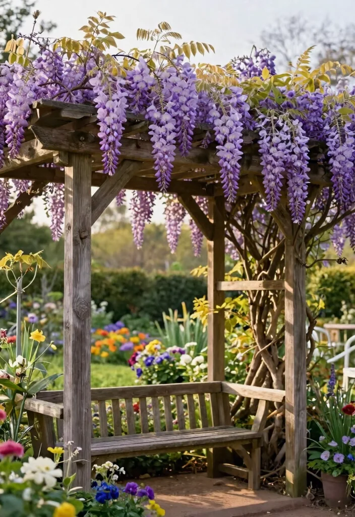 14 Garden Pergola Ideas That Support Heavy Vines and Climbing Plants - 1. Rustic Wooden Pergola with Wisteria 1