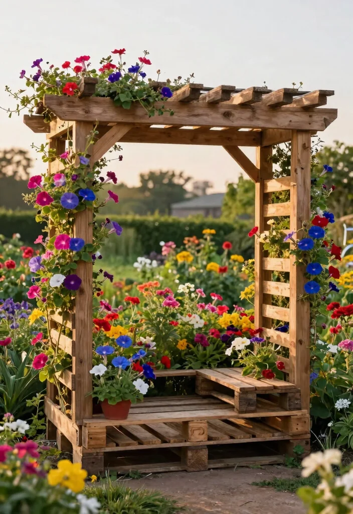14 Garden Pergola Ideas That Support Heavy Vines and Climbing Plants - 10. DIY Pallet Pergola with Vining Flowers 1