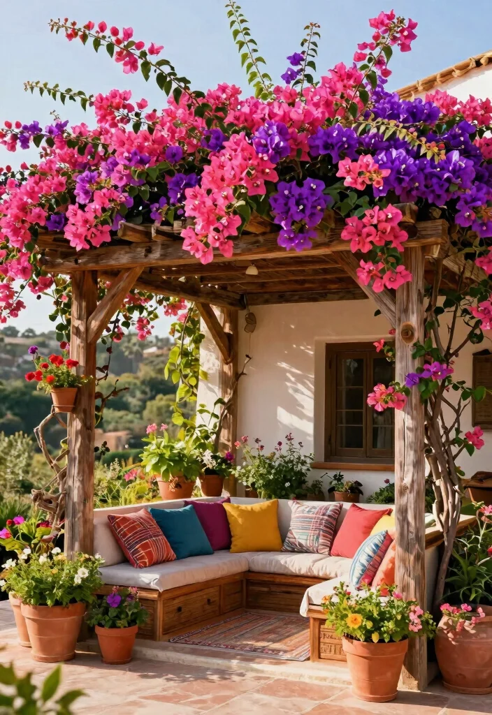 14 Garden Pergola Ideas That Support Heavy Vines and Climbing Plants - 11. Mediterranean-Style Pergola with Bougainvillea 1