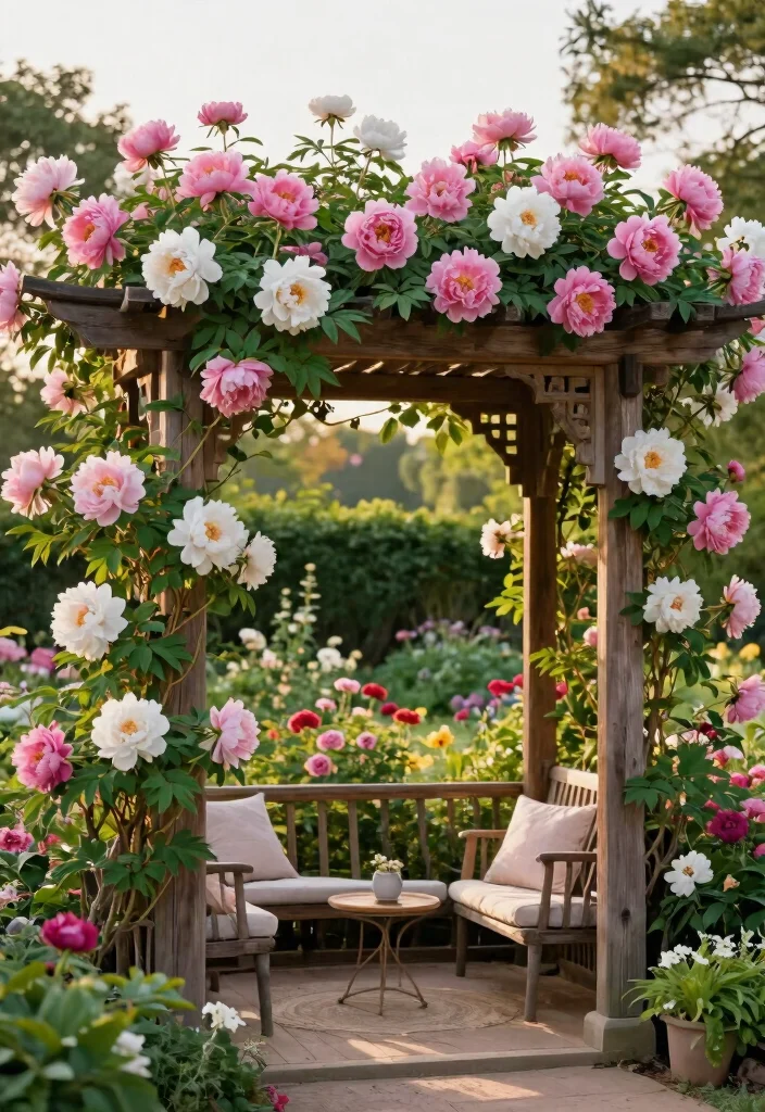 14 Garden Pergola Ideas That Support Heavy Vines and Climbing Plants - 13. Traditional Arbor Pergola with Climbing Peonies 1