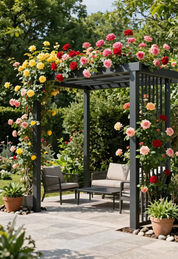 14 Garden Pergola Ideas That Support Heavy Vines and Climbing Plants - 2. Modern Metal Pergola with Climbing Roses 1