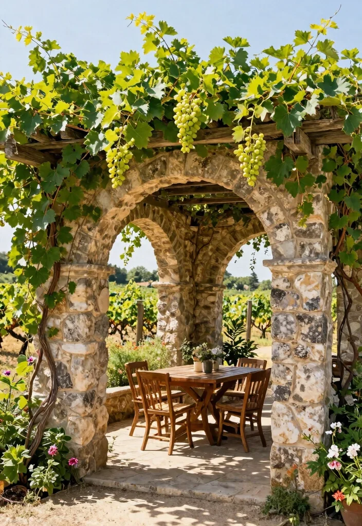 14 Garden Pergola Ideas That Support Heavy Vines and Climbing Plants - 3. Stone Pergola with Grapevines 1