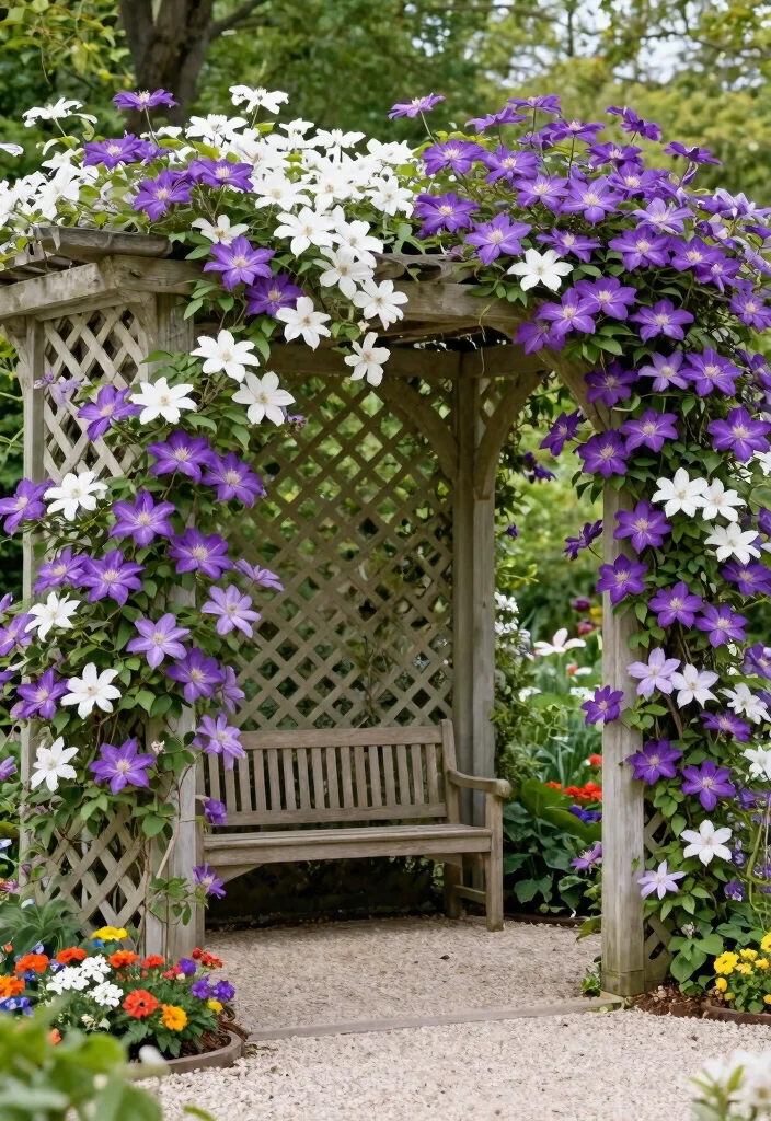 14 Garden Pergola Ideas That Support Heavy Vines and Climbing Plants - 4. Lattice Pergola with Climbing Clematis 1