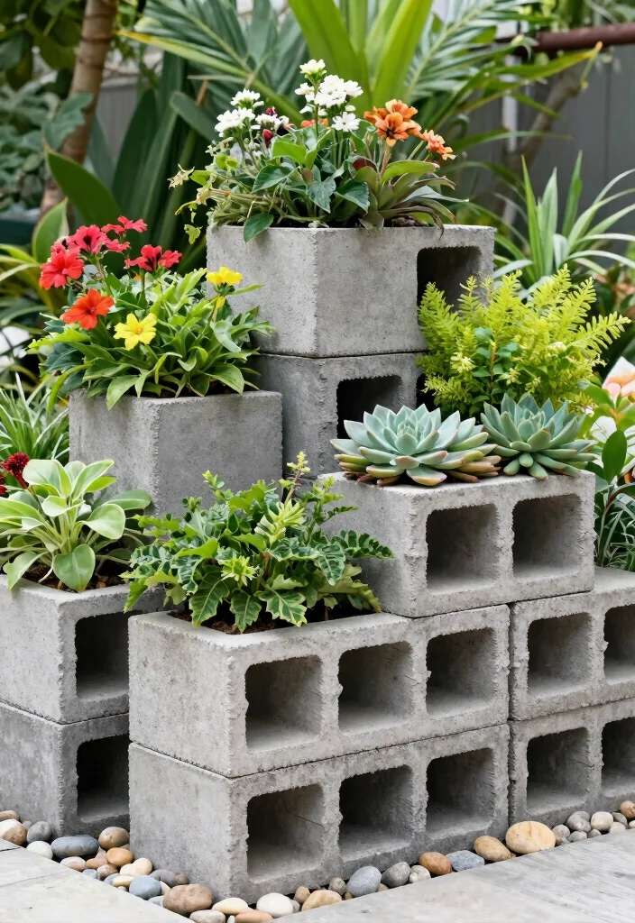 15 Cheap Planter Ideas That Actually Look Expensive - 3. Concrete Block Planters 1