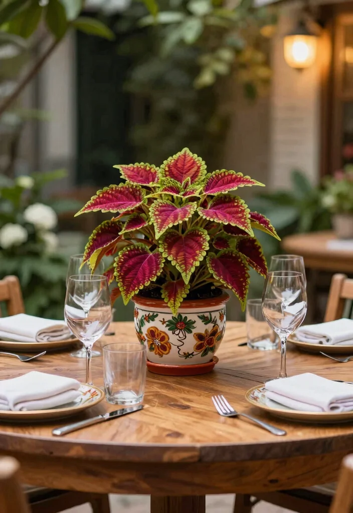 15 Coleus Planter Ideas That Thrive in Full Sun and Shade - 14. Centerpieces for Outdoor Tables 1