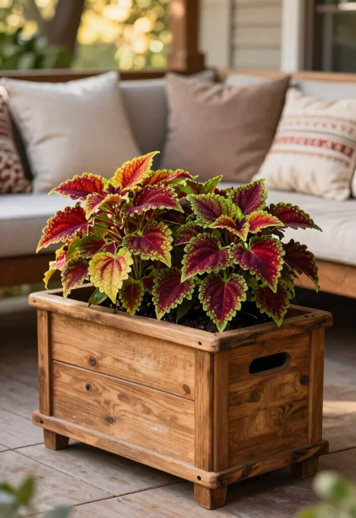 15 Coleus Planter Ideas That Thrive in Full Sun and Shade - 8. Rustic Wooden Planters 1
