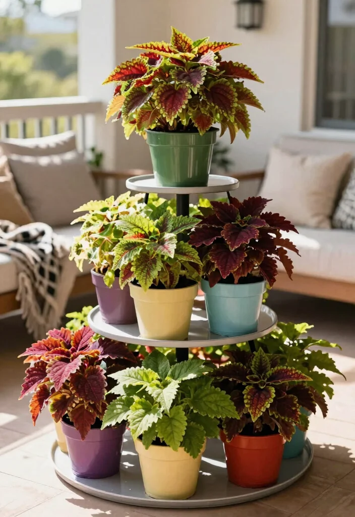 15 Coleus Planter Ideas That Thrive in Full Sun and Shade - 9. Tiered Plant Stands 1