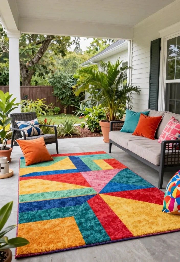 15 Front Porch Rug Ideas That Don't Slide or Fade - 11. Color-Block Rugs: Bold and Bright 1