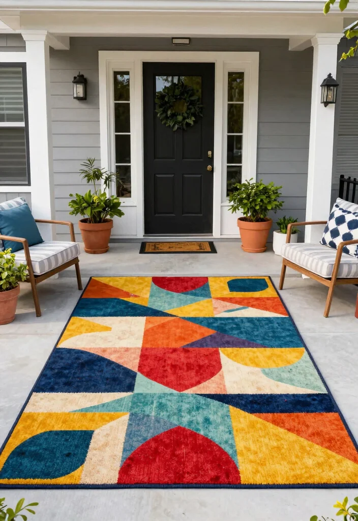 15 Front Porch Rug Ideas That Don't Slide or Fade - 9. Geometric Patterns: Modern Flair 1