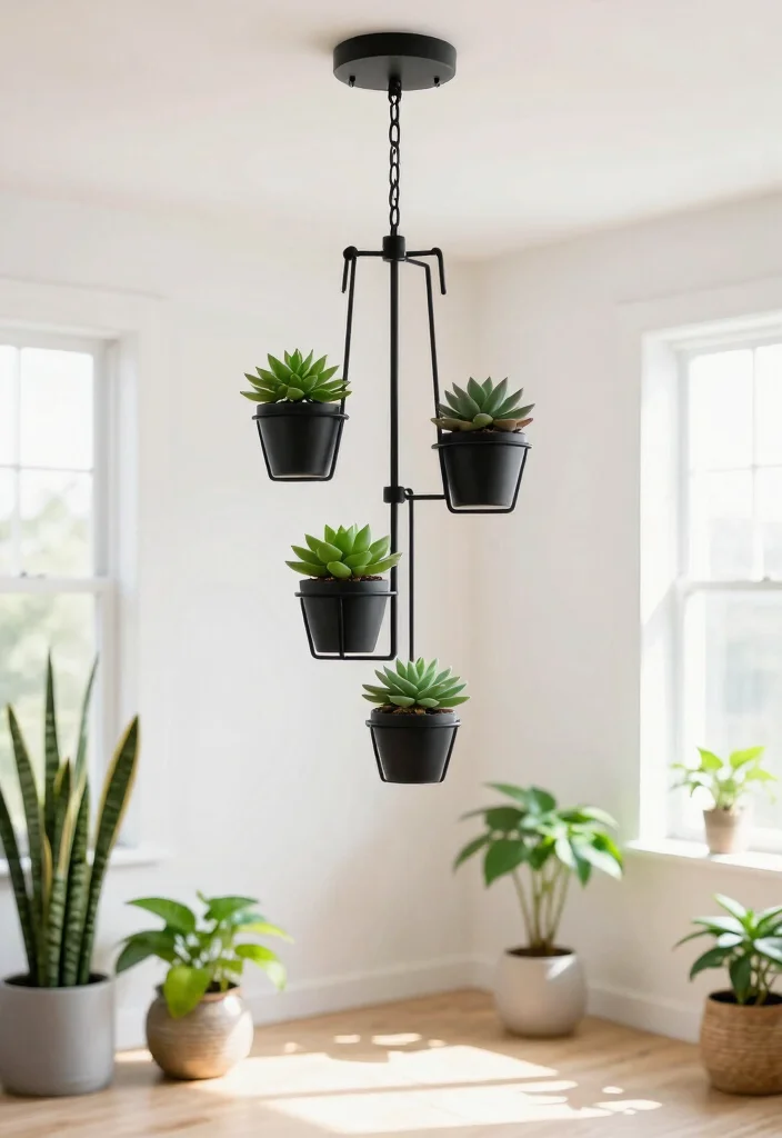 15 Modern Chandelier High Ceiling Ideas That Fill the Space - 1. Geometric Chandelier with Hanging Plants 1
