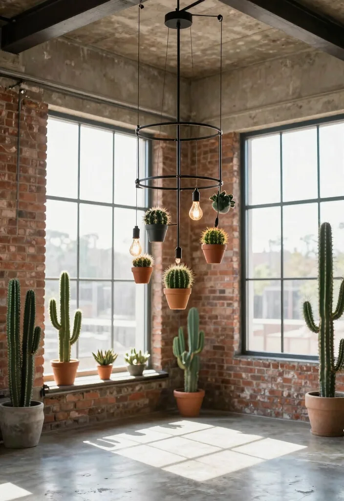 15 Modern Chandelier High Ceiling Ideas That Fill the Space - 10. Industrial Style Chandelier with Potted Cacti 1