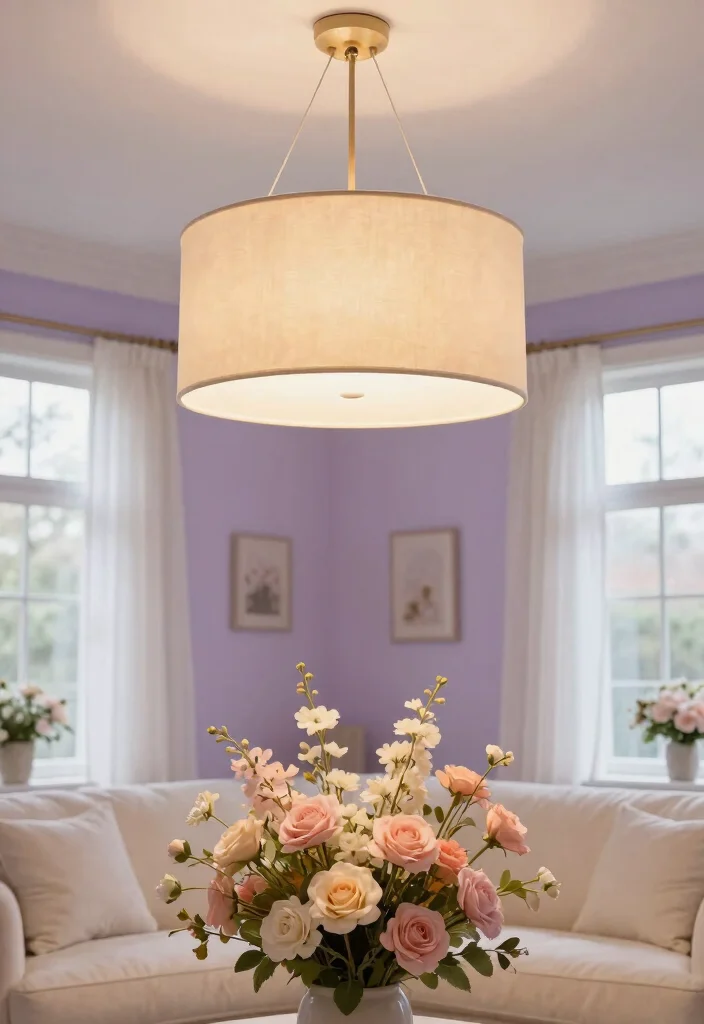 15 Modern Chandelier High Ceiling Ideas That Fill the Space - 11. Elegant Drum Shade Chandelier with Floral Arrangements 1