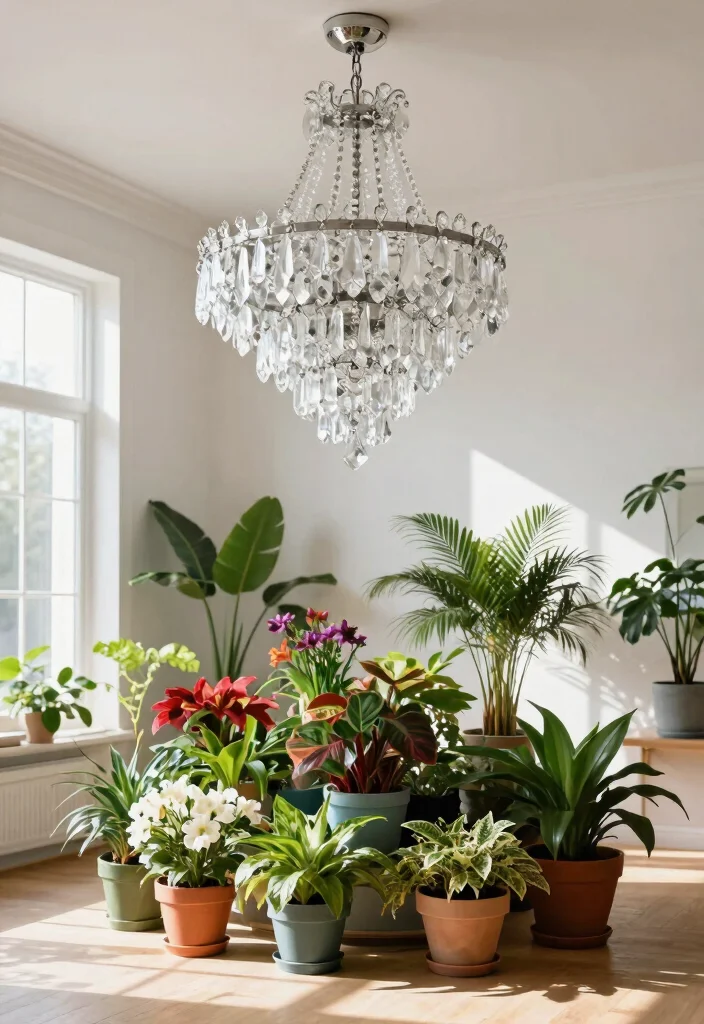 15 Modern Chandelier High Ceiling Ideas That Fill the Space - 12. Multi-tiered Chandelier with Seasonal Plants 1