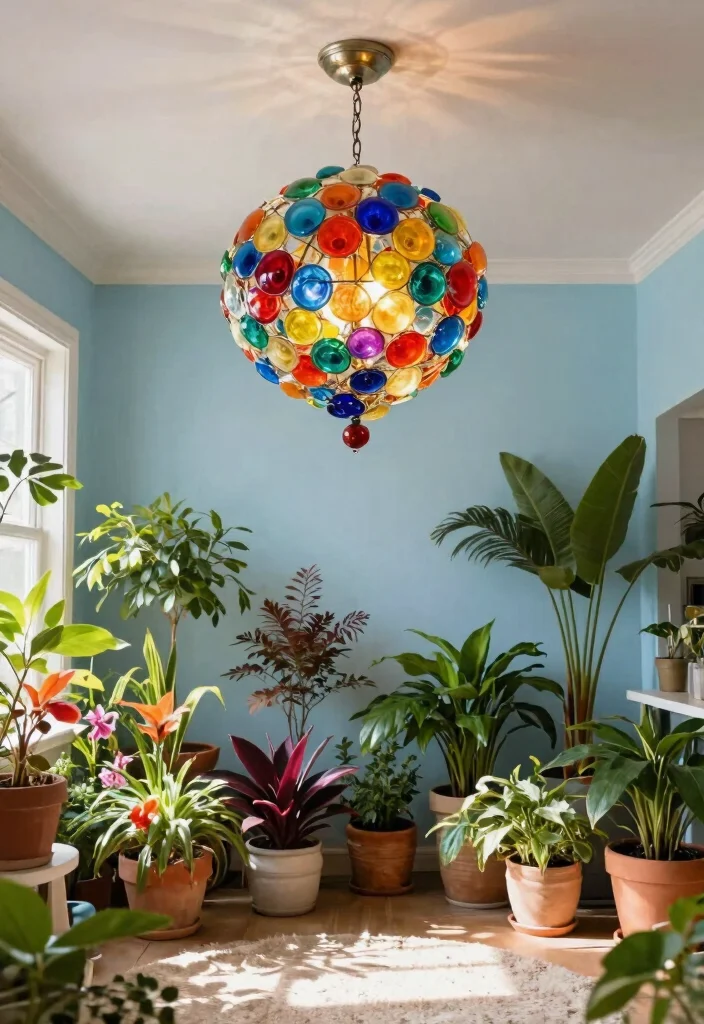 15 Modern Chandelier High Ceiling Ideas That Fill the Space - 14. Colorful Globe Chandelier with Indoor Garden 1