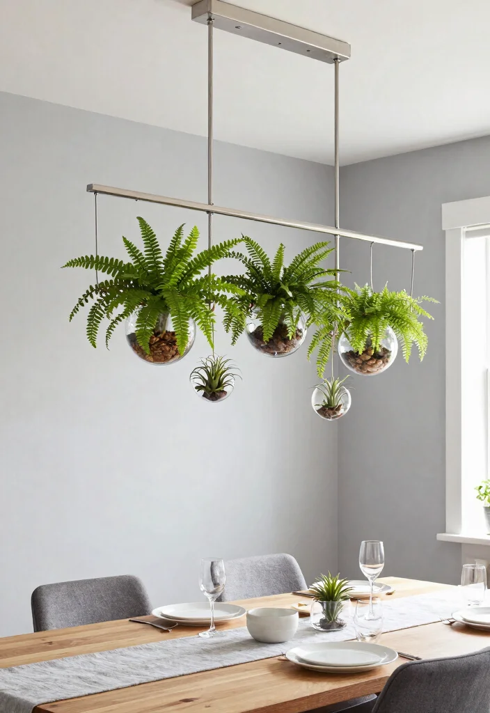 15 Modern Chandelier High Ceiling Ideas That Fill the Space - 3. Sleek Linear Chandelier with Hanging Terrariums 1