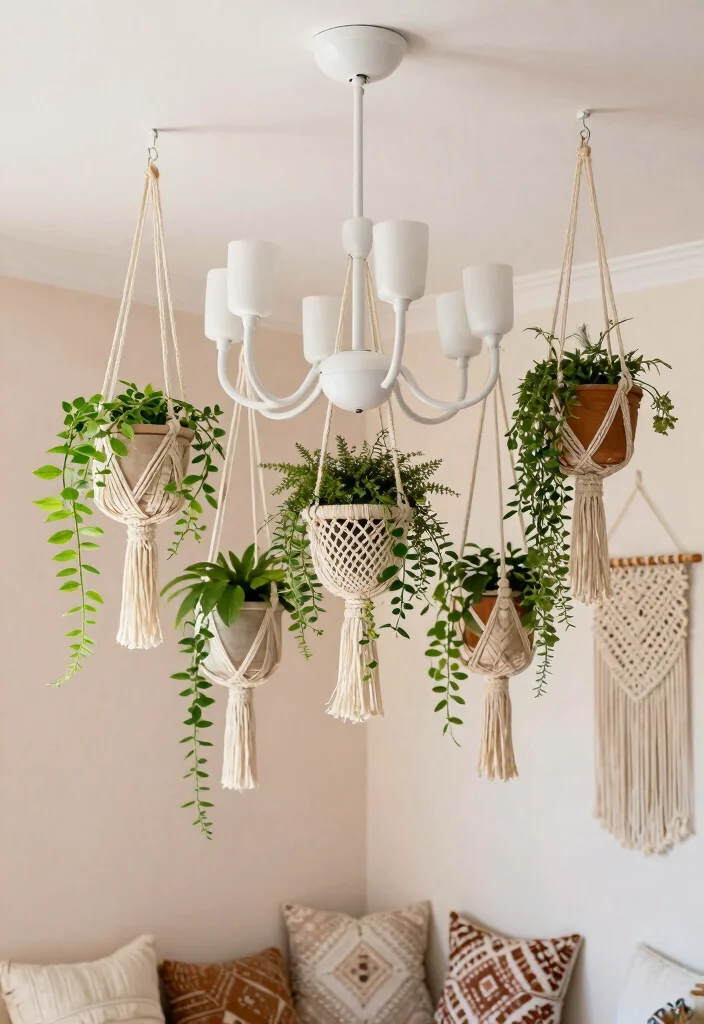 15 Modern Chandelier High Ceiling Ideas That Fill the Space - 4. Boho Chic Macramé and Chandelier Combo 1