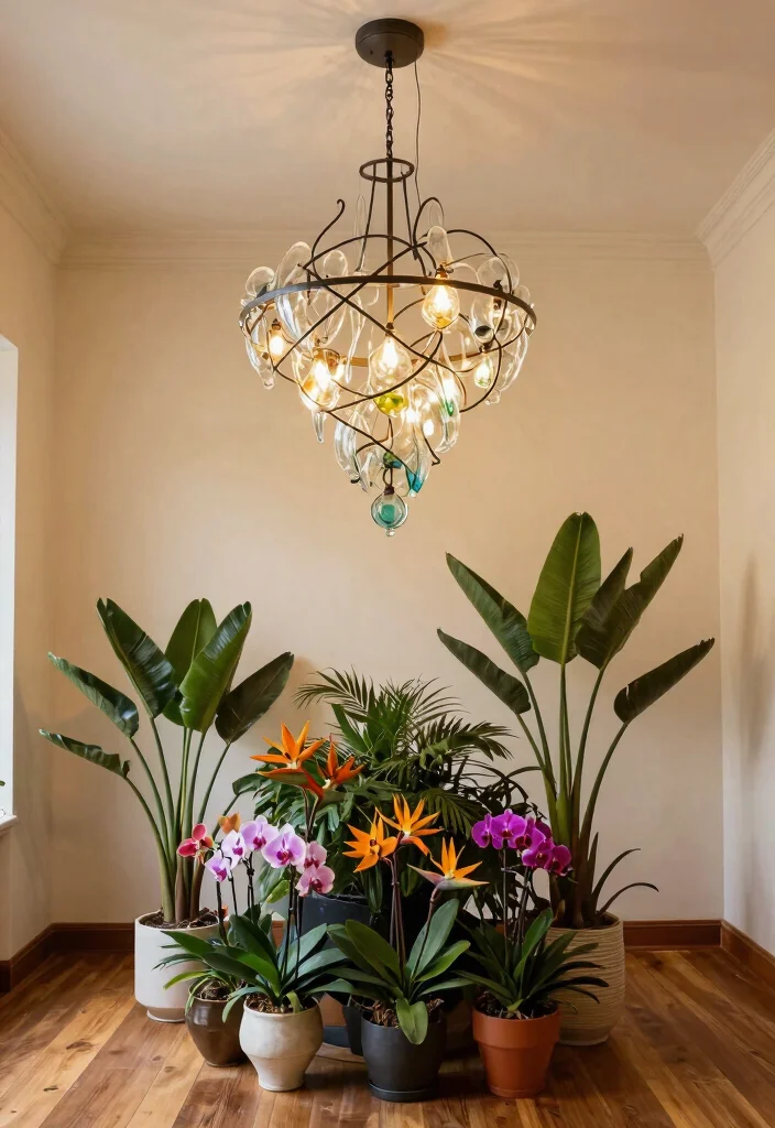 15 Modern Chandelier High Ceiling Ideas That Fill the Space - 5. Artistic Sculptural Chandelier with Exotic Plants 1