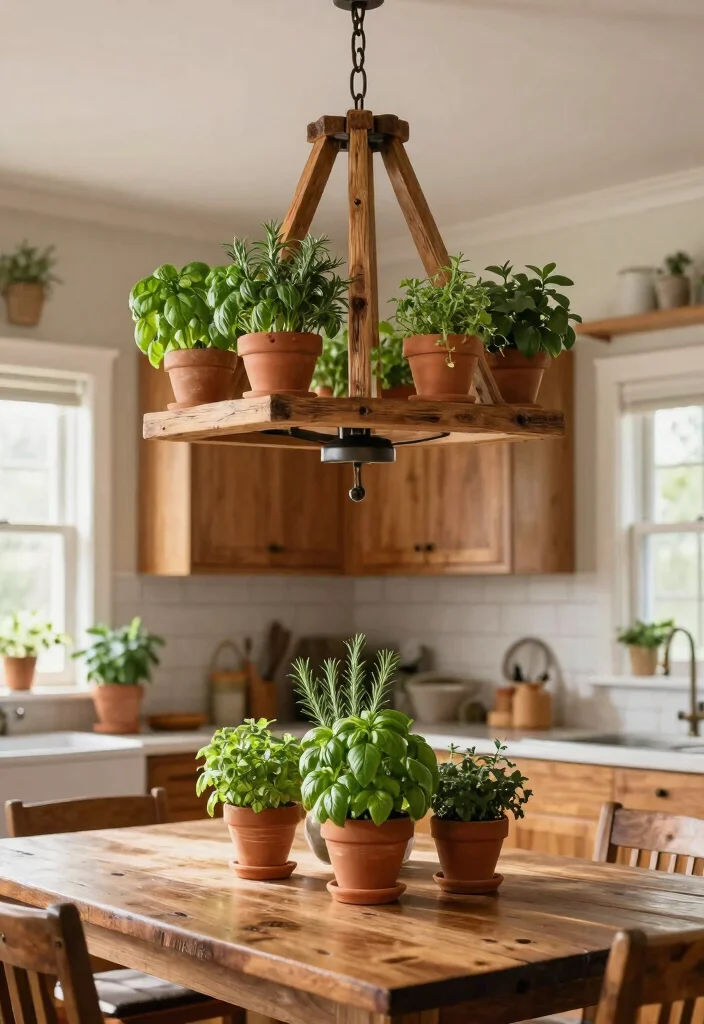 15 Modern Chandelier High Ceiling Ideas That Fill the Space - 6. Rustic Wooden Chandelier with Herb Planters 1