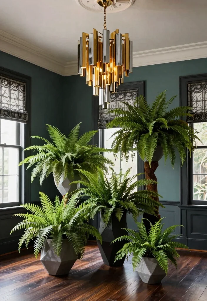 15 Modern Chandelier High Ceiling Ideas That Fill the Space - 7. Modern Art Deco Chandelier with Fern Displays 1