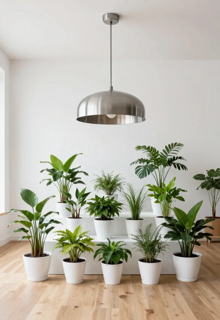 15 Modern Chandelier High Ceiling Ideas That Fill the Space - 8. Minimalist Chandelier with Potted Plant Gallery 1