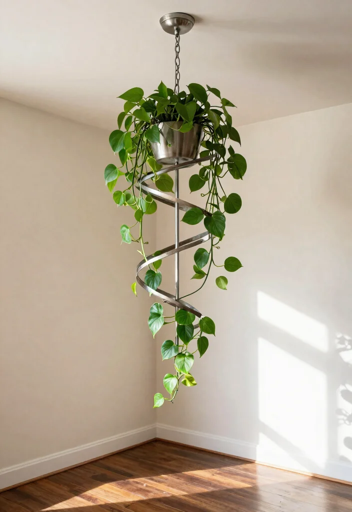 15 Modern Chandelier High Ceiling Ideas That Fill the Space - 9. Unique Spiral Chandelier with Climbing Plants 1