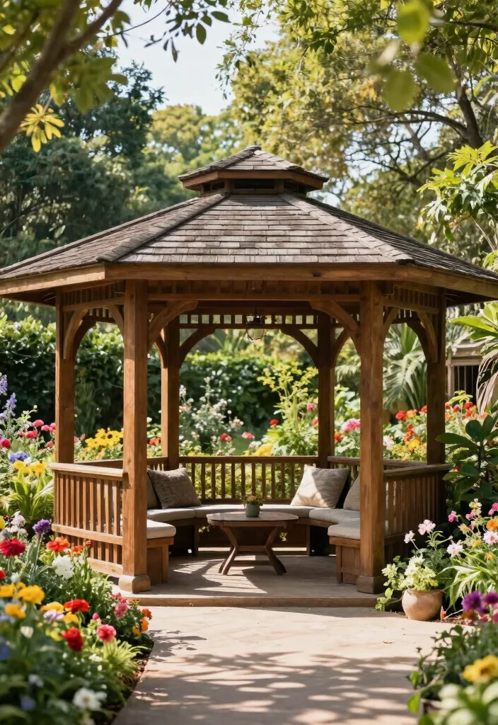 15 Outdoor Gazebo Design Ideas That Stay Standing Through Wind - 1. Sturdy Wooden Gazebo with Reinforced Beams 1