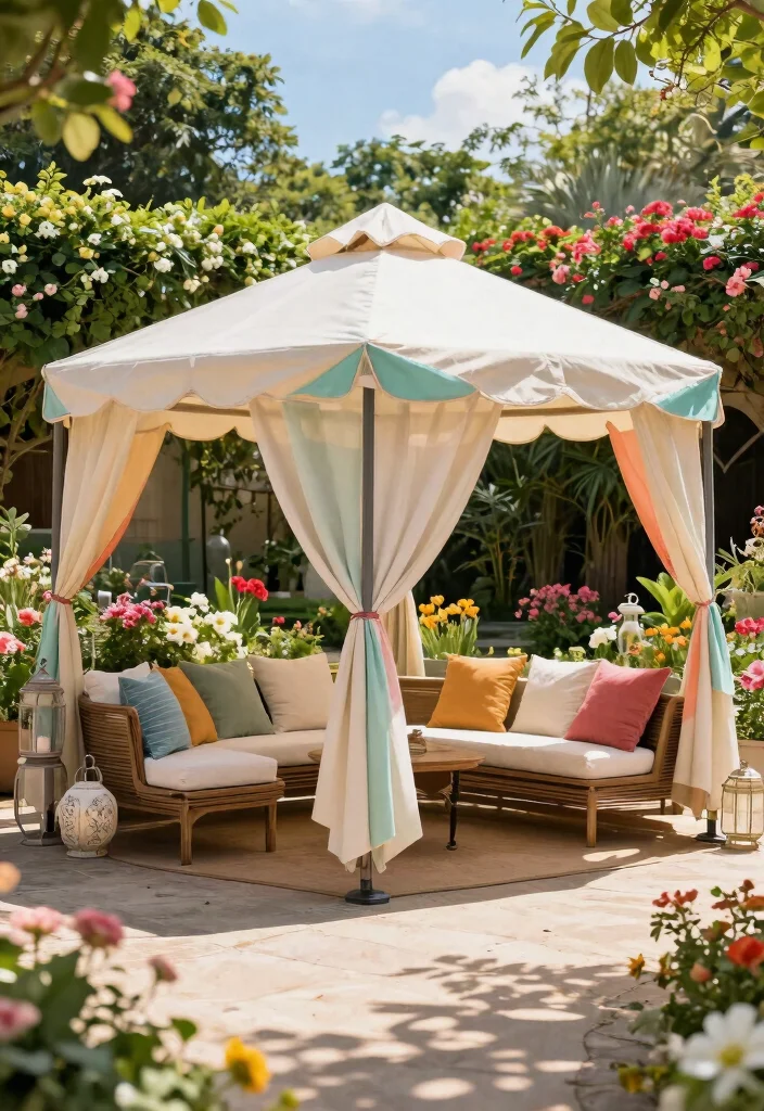15 Outdoor Gazebo Design Ideas That Stay Standing Through Wind - 3. Fabric Canopy Gazebo with Wind-Resistant Features 1