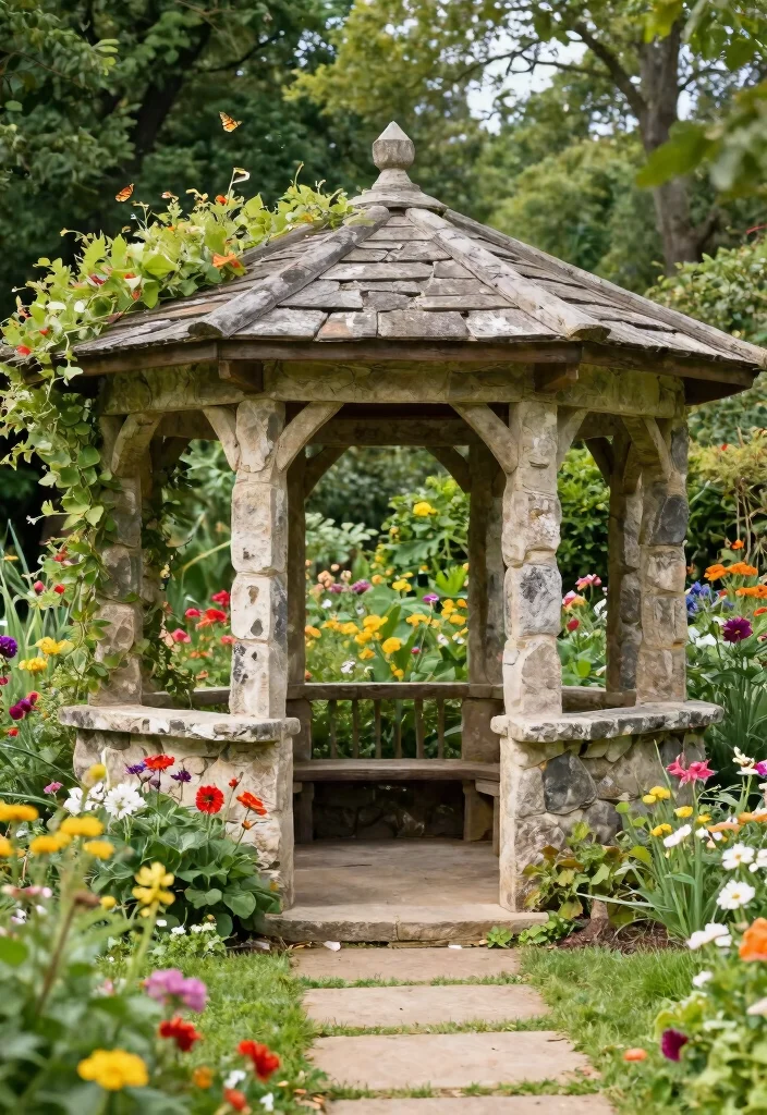 15 Outdoor Gazebo Design Ideas That Stay Standing Through Wind - 5. Rustic Stone Gazebo for Natural Strength 1