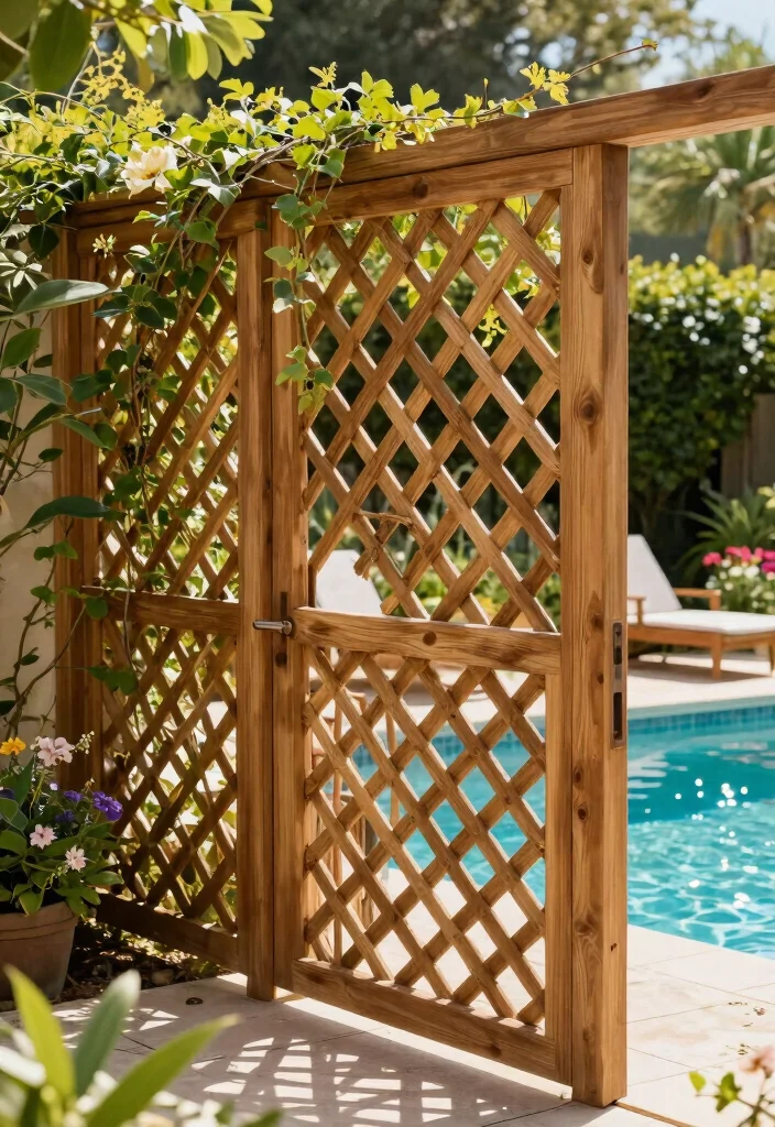 15 Pool Fence Ideas That Meet Code Without Blocking Views - 10. Wooden Lattice Fences 1