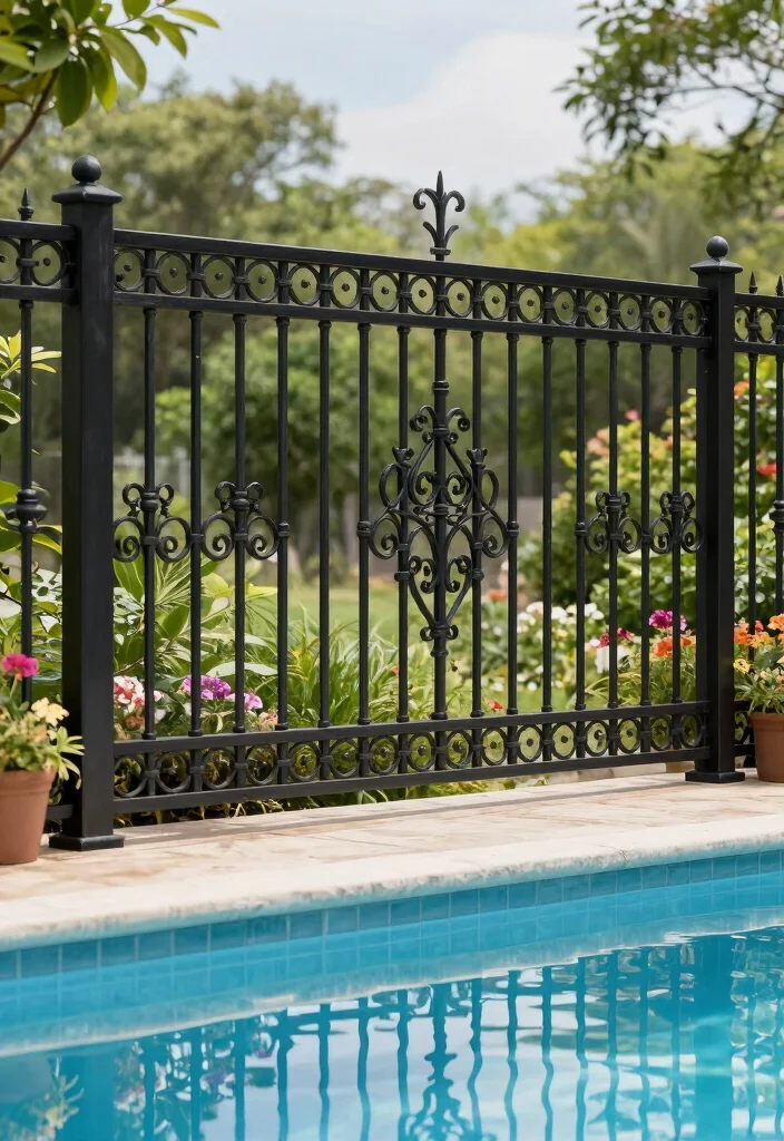 15 Pool Fence Ideas That Meet Code Without Blocking Views - 3. Wrought Iron Fences with Decorative Elements 1
