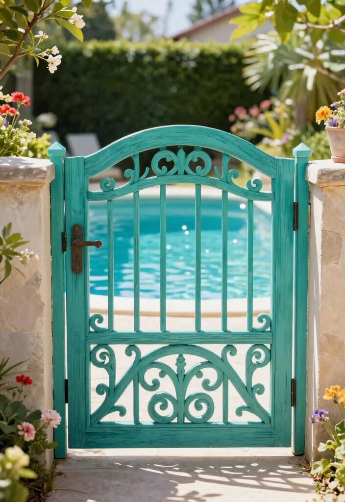 15 Pool Fence Ideas That Meet Code Without Blocking Views - 6. Decorative Gates as Focal Points 1