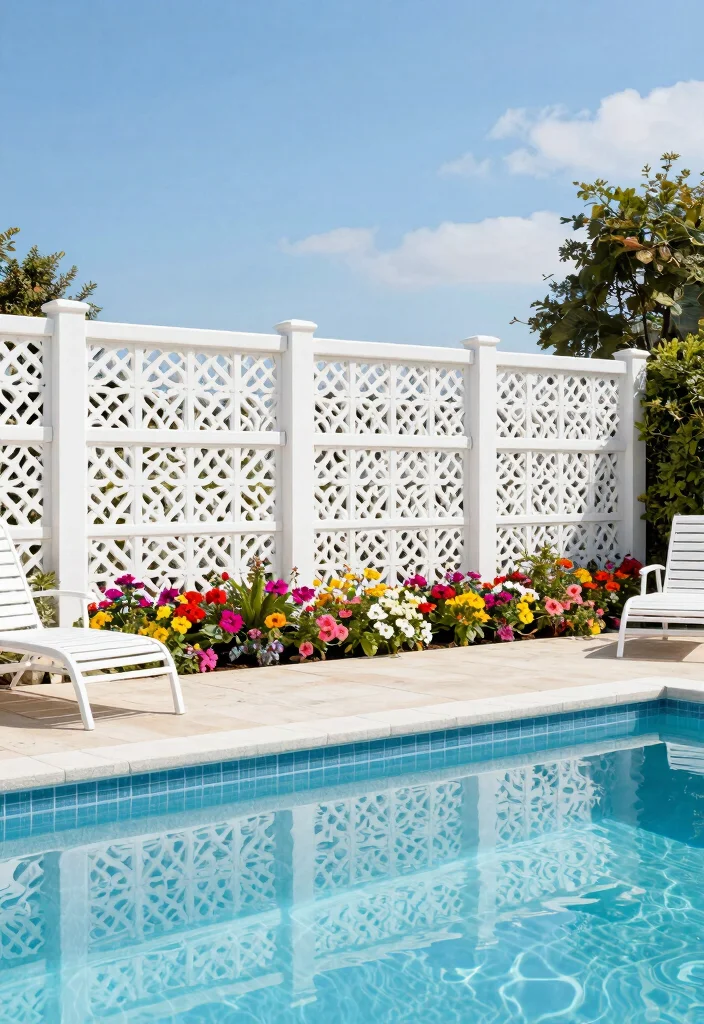 15 Pool Fence Ideas That Meet Code Without Blocking Views - 9. PVC Fencing with Decorative Inserts 1