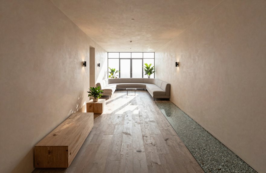 center sofa along central axis with runner