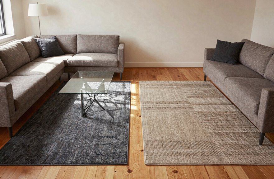 identical rugs unify open spaces
