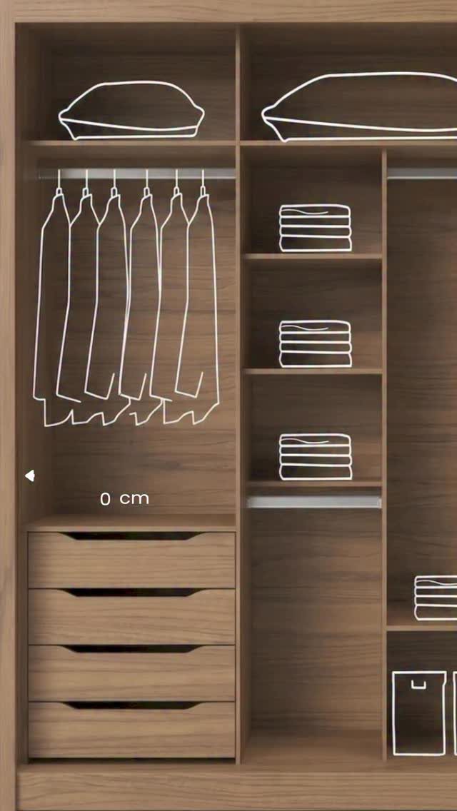 21 Closet Design Plans for Every Layout and Budget 18 A wooden closet interior with white line drawings illustrating clothing storage and drawer placement.