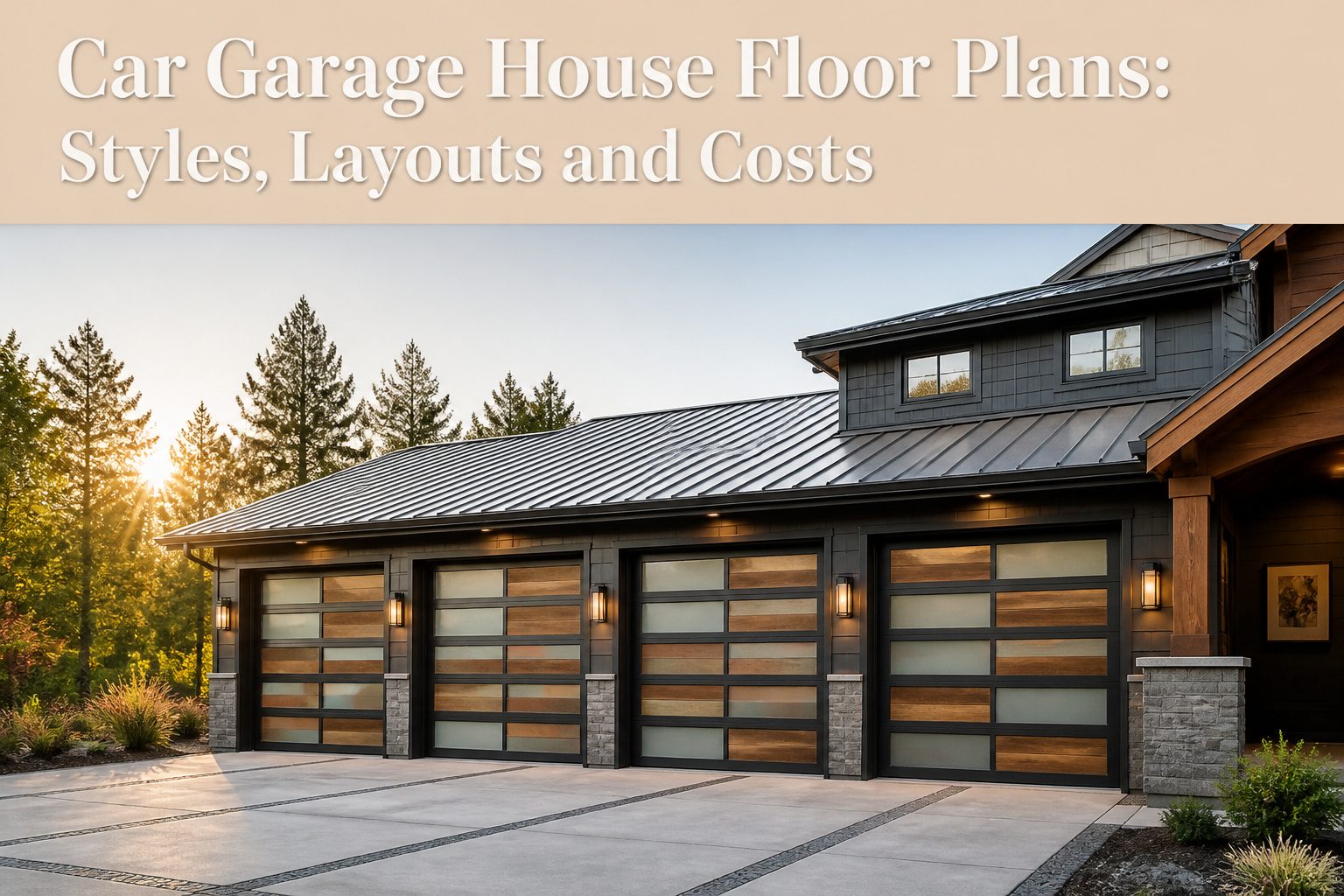 Four-car garage house plan with spacious design and large windows.