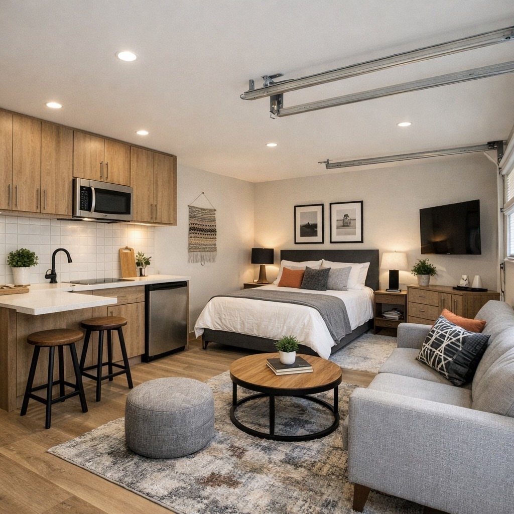 A modern studio apartment containing a kitchenette, a bed, a sofa, and a coffee table.