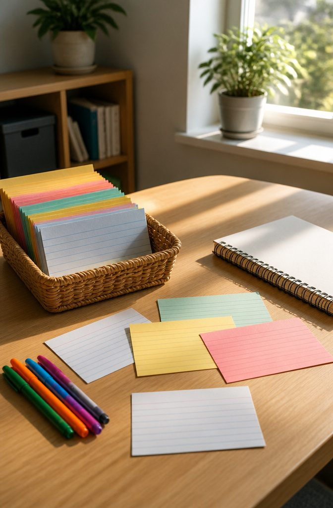 Scattered index cards showing revised cleaning tasks and time estimates.