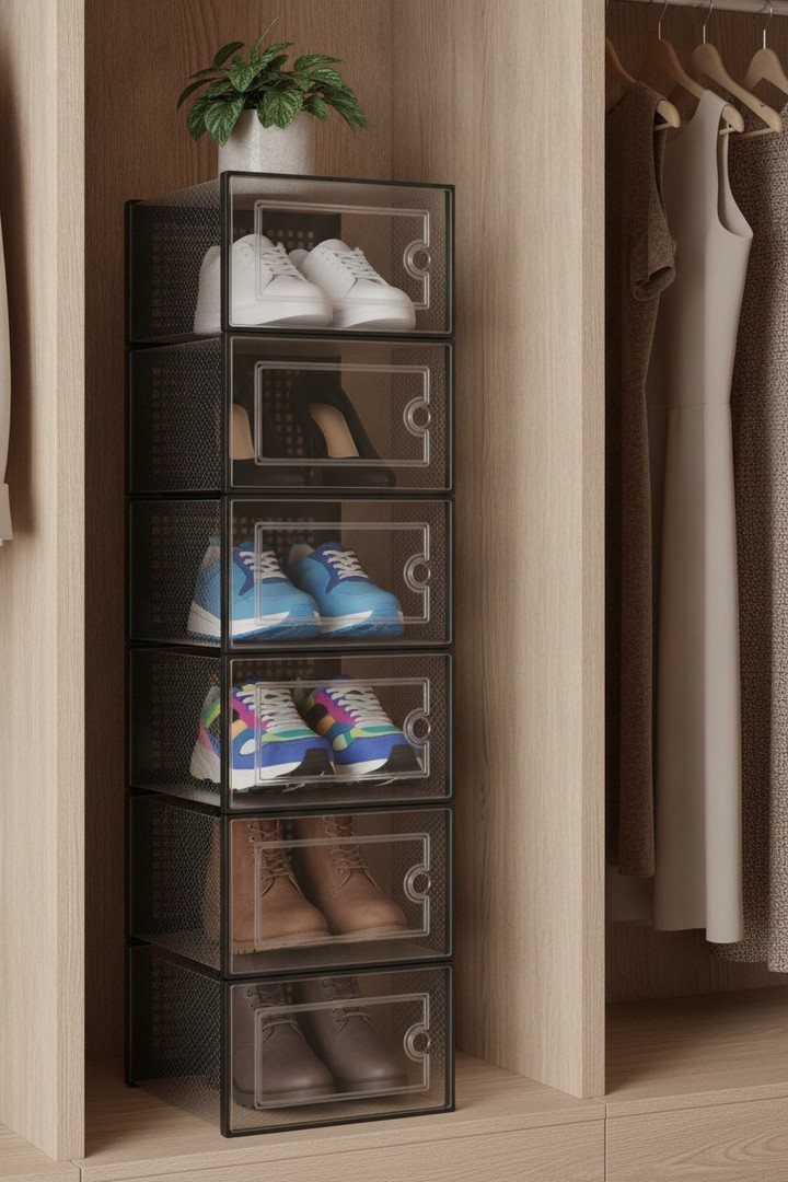 Clear plastic shoe storage boxes stacked vertically inside a wooden closet containing various pairs of shoes.