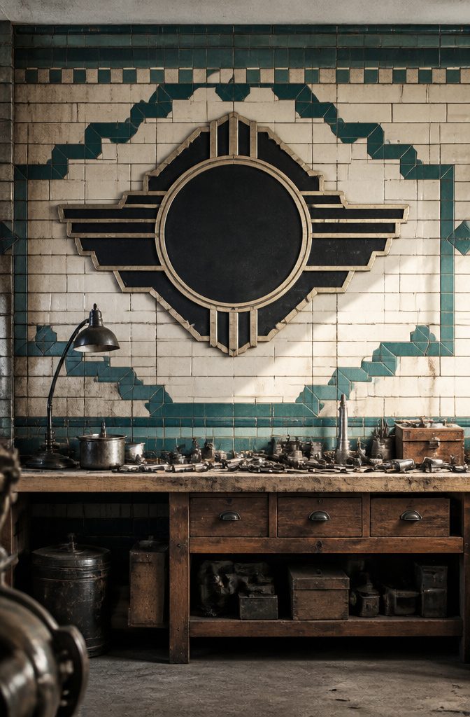 Vintage Garage Logo Ideas for Automotive Shops and Collectors 13 Vintage garage logo with art deco elements and intricate tile background.